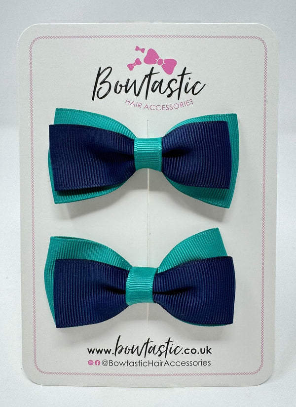 3 Inch Flat Double Bow Style 2 - Jade Green & Navy - 2 Pack