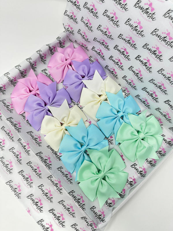 Bow Set - 4 Inch Pinwheel - 10 Pack Clips - Tulip, Pastel Green, Antique White, Ocean Blue, Light Orchid