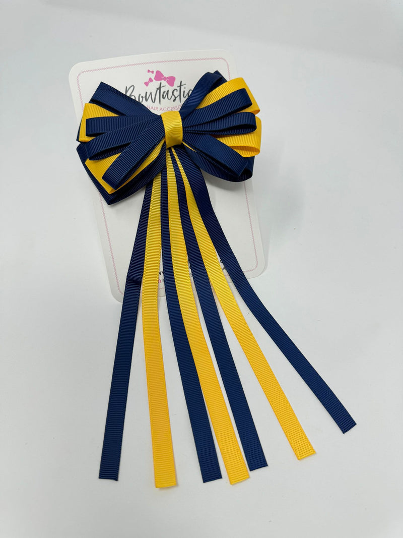 4 Inch Streamer Tail Bow - Navy & Yellow Gold