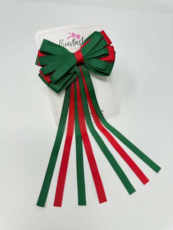 4 Inch Streamer Tail Bow - Forest Green & Red