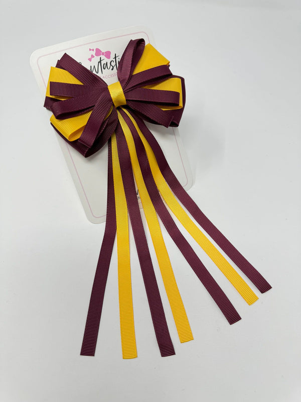 4 Inch Streamer Tail Bow - Burgundy & Yellow Gold