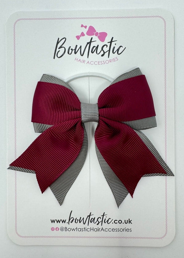 3 Inch Flat 2 Layer Tail Bow Thin Elastic - Wine & Metal Grey