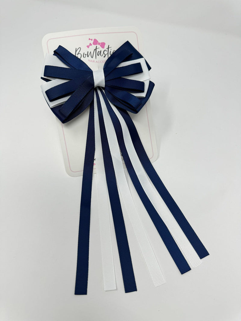 4 Inch Streamer Tail Bow - Navy & White