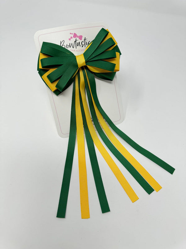 4 Inch Streamer Tail Bow - Forest Green & Yellow Gold