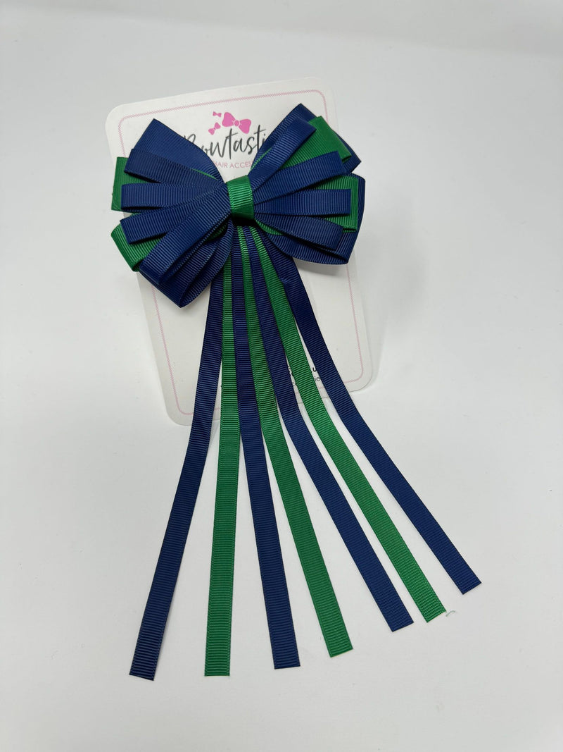 4 Inch Streamer Tail Bow - Forest Green & Navy