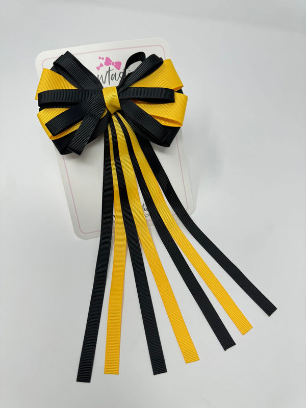 4 Inch Streamer Tail Bow - Black & Yellow Gold