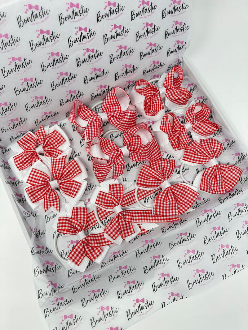 School Bundle - 5 Matching Pairs Bobbles - Red Gingham & White