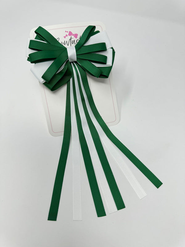 4 Inch Streamer Tail Bow - Forest Green & White