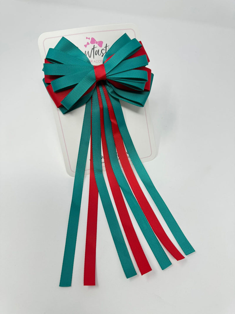 4 Inch Streamer Tail Bow - Red & Jade Green