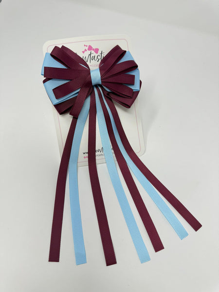 4 Inch Streamer Tail Bow - Burgundy & Blue Topaz