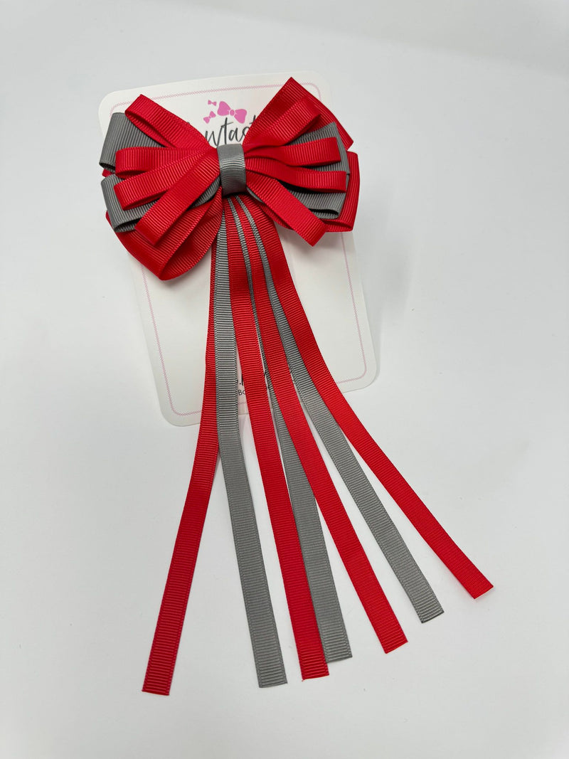 4 Inch Streamer Tail Bow - Red & Metal Grey