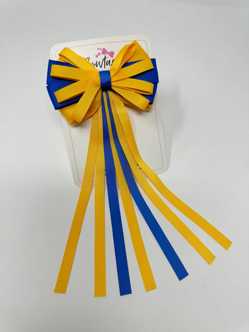 4 Inch Streamer Tail Bow - Yellow Gold & Royal Blue