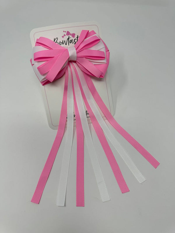 4 Inch Streamer Tail Bow - Geranium Pink & White