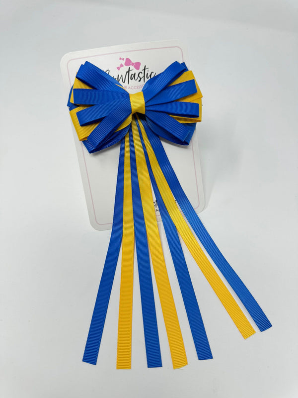 4 Inch Streamer Tail Bow - Royal Blue & Yellow Gold