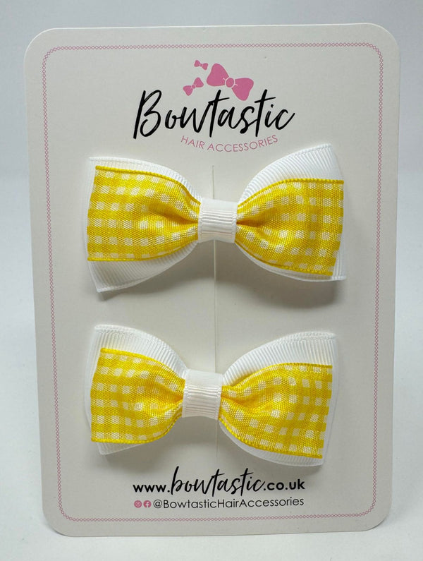 3 Inch Double Layer Tuxedo Bow - Yellow & White Gingham - 2 Pack