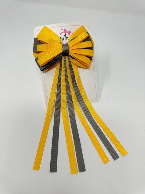 4 Inch Streamer Tail Bow - Yellow Gold & Metal Grey