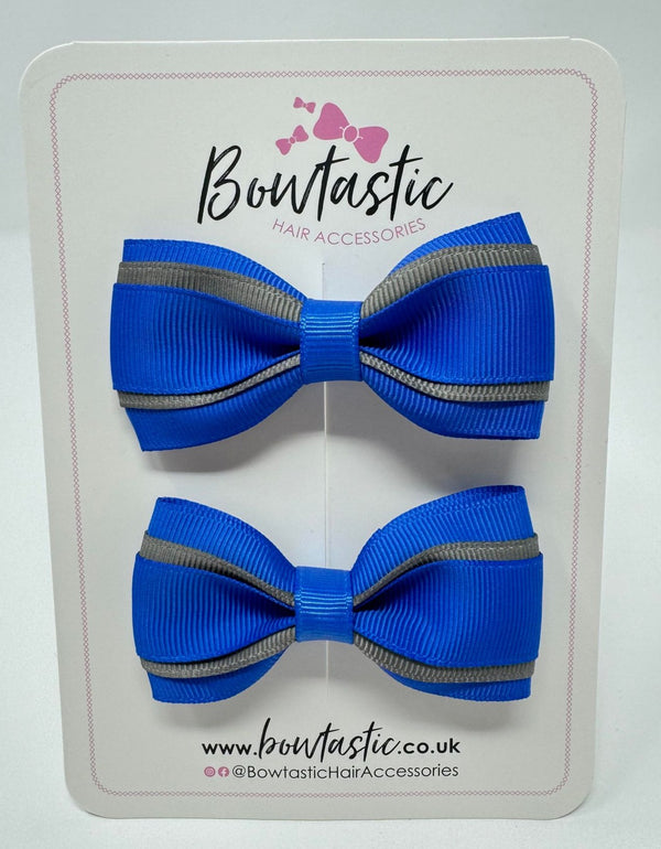 3 Inch 3 Layer Tuxedo Bow - Royal Blue & Metal Grey - 2 Pack