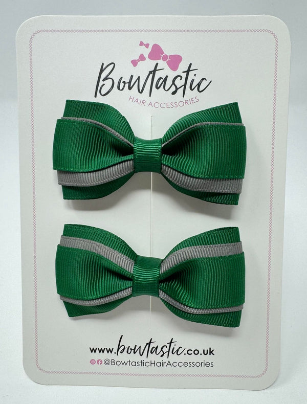 3 Inch 3 Layer Tuxedo Bow - Forest Green & Metal Grey - 2 Pack