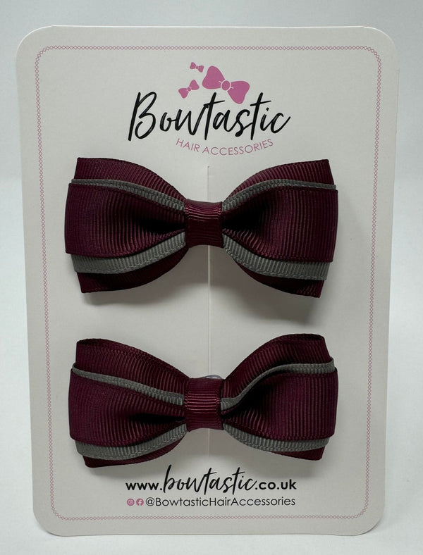 3 Inch 3 Layer Tuxedo Bow - Burgundy & Metal Grey - 2 Pack