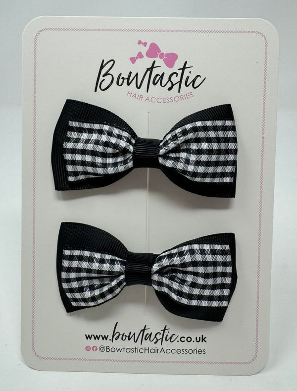 3 Inch Double Layer Tuxedo Bow - Black & Black Gingham - 2 Pack