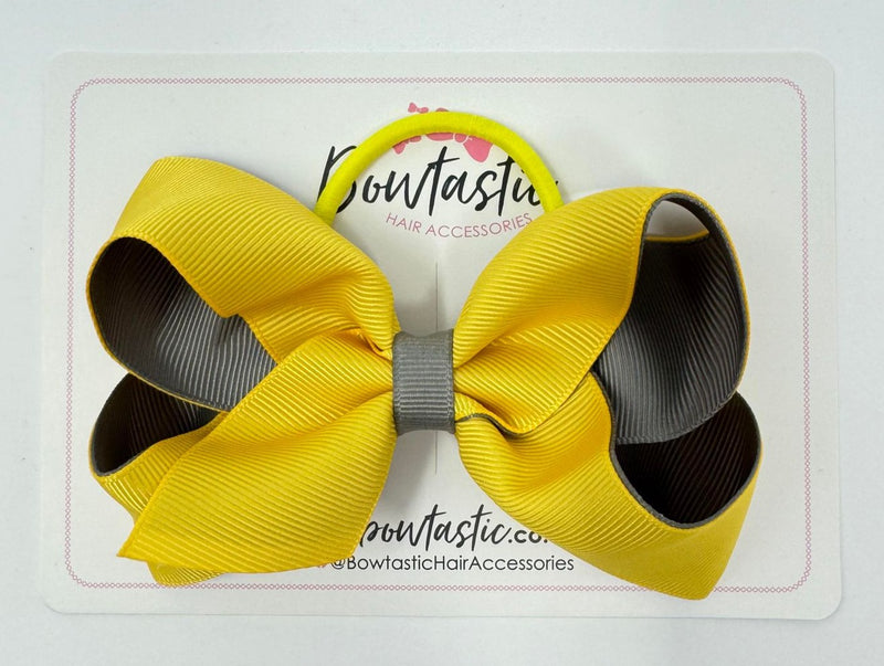 4 Inch Double Ribbon Bow Bobble - Yellow Gold & Metal Grey