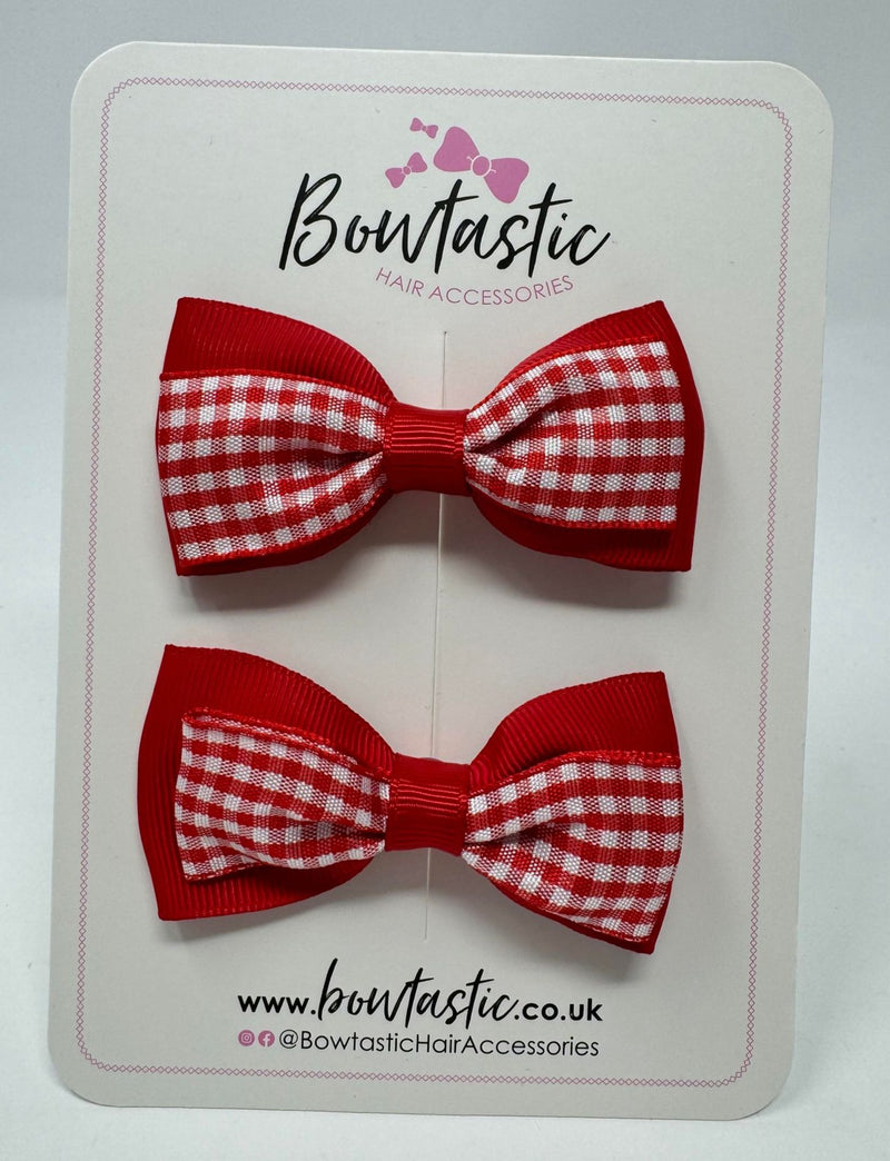 3 Inch Double Layer Tuxedo Bow - Red & Red Gingham - 2 Pack