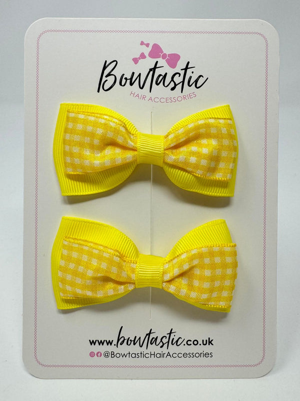 3 Inch Double Layer Tuxedo Bow - Yellow & Yellow Gingham - 2 Pack