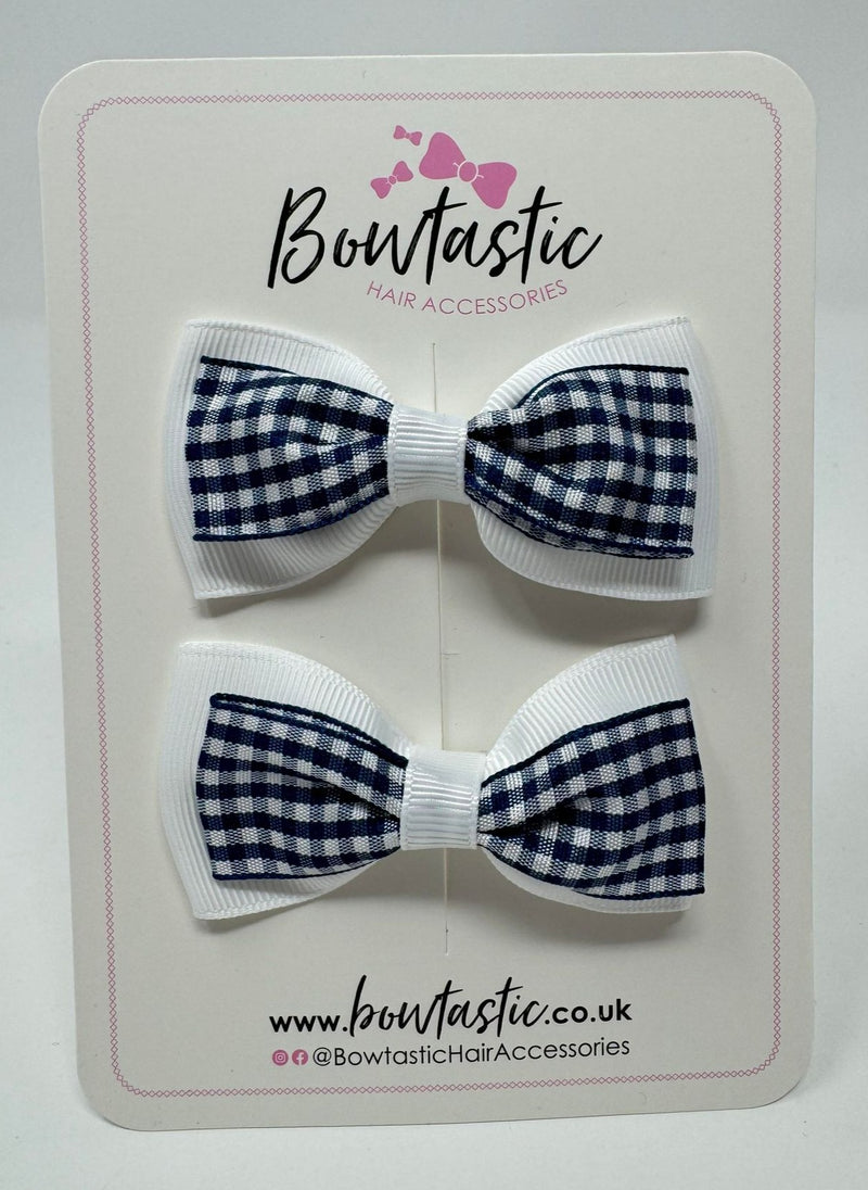 3 Inch Double Layer Tuxedo Bow - Navy & White Gingham - 2 Pack