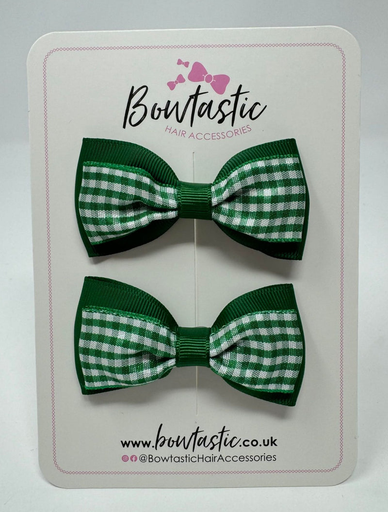 3 Inch Double Layer Tuxedo Bow - Forest Green & Green Gingham - 2 Pack