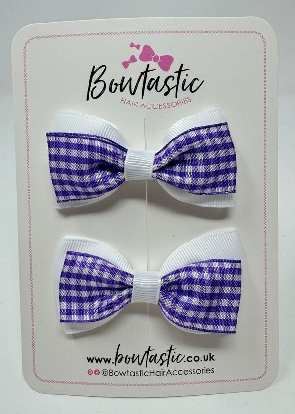 3 Inch Double Layer Tuxedo Bow - Purple & White Gingham - 2 Pack