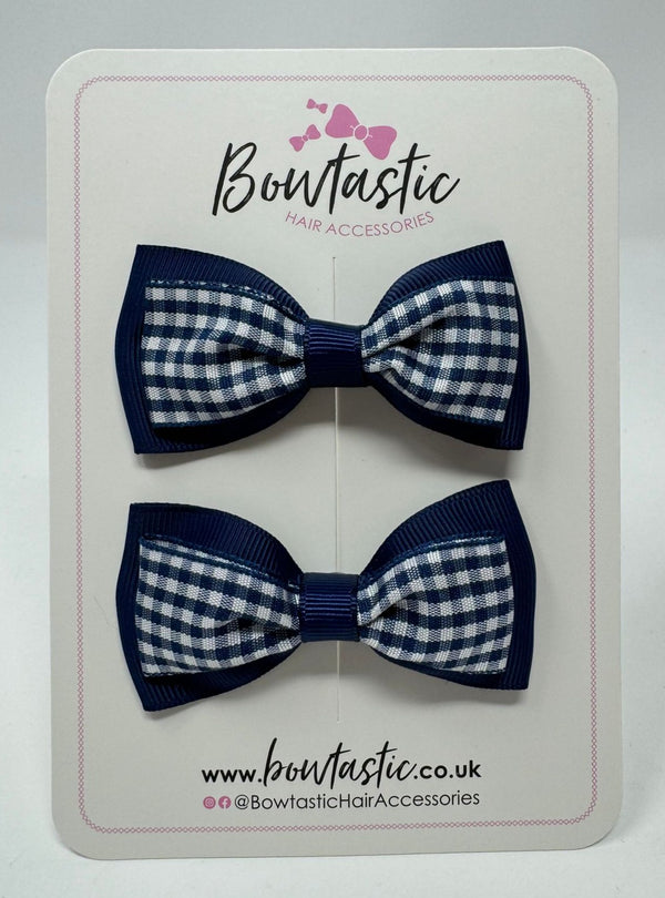 3 Inch Double Layer Tuxedo Bow - Navy & Navy Gingham - 2 Pack