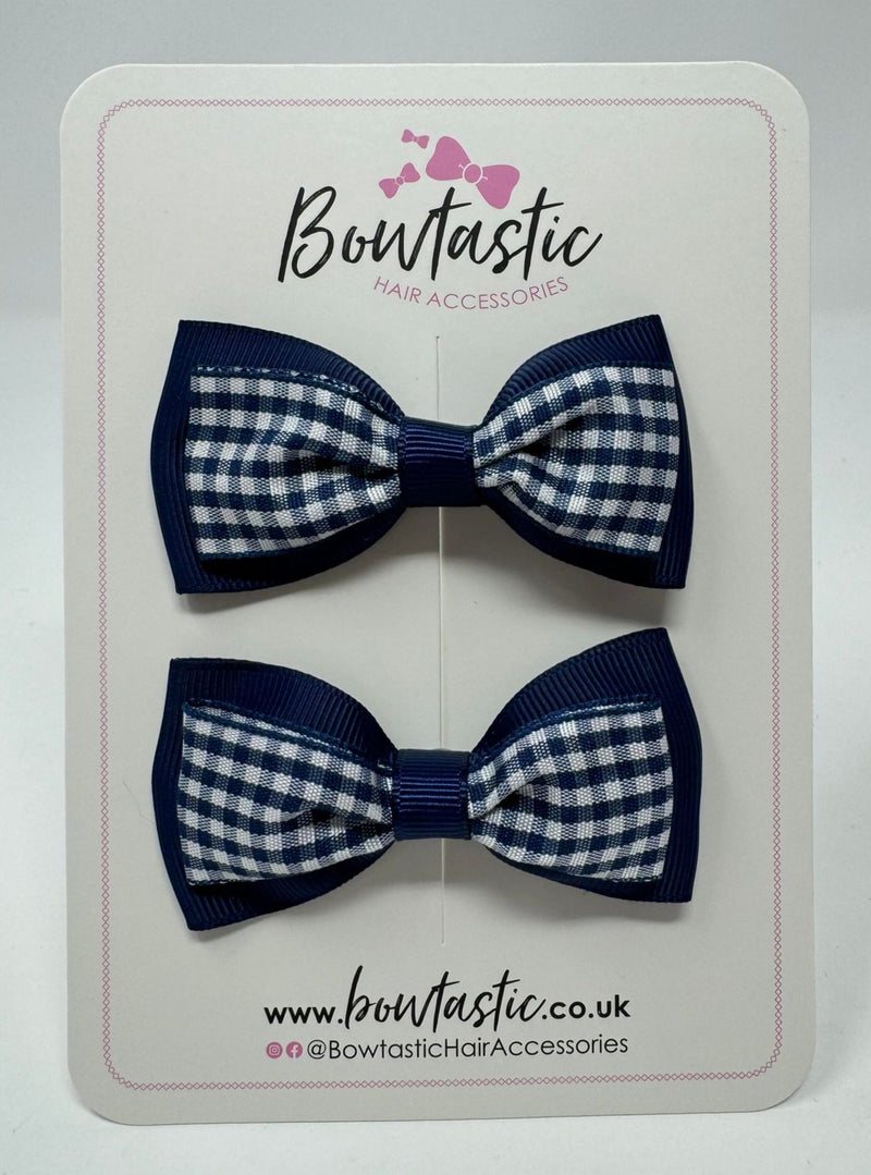 3 Inch Double Layer Tuxedo Bow - Navy & Navy Gingham - 2 Pack