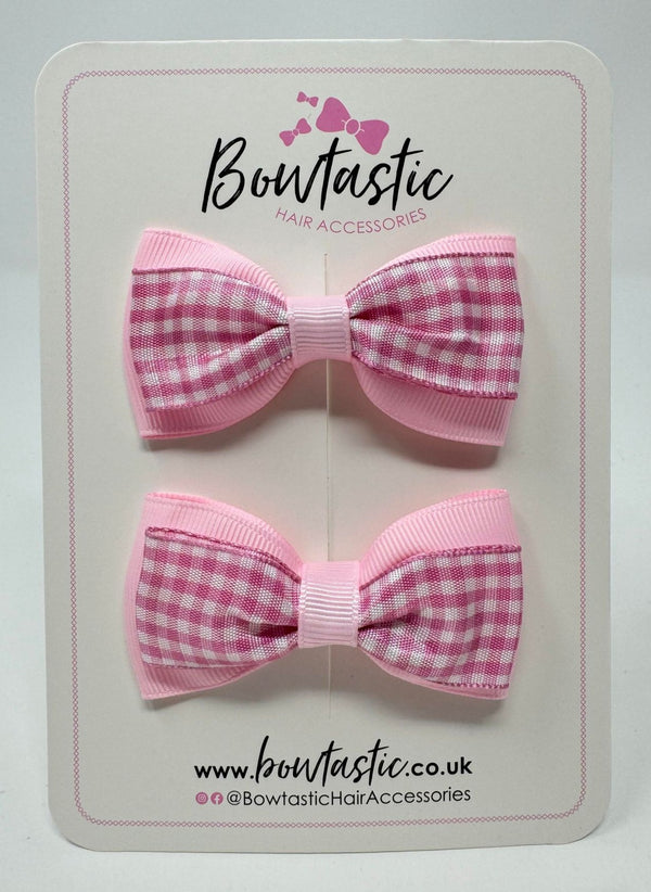 3 Inch Double Layer Tuxedo Bow - Pink & Pink Gingham - 2 Pack