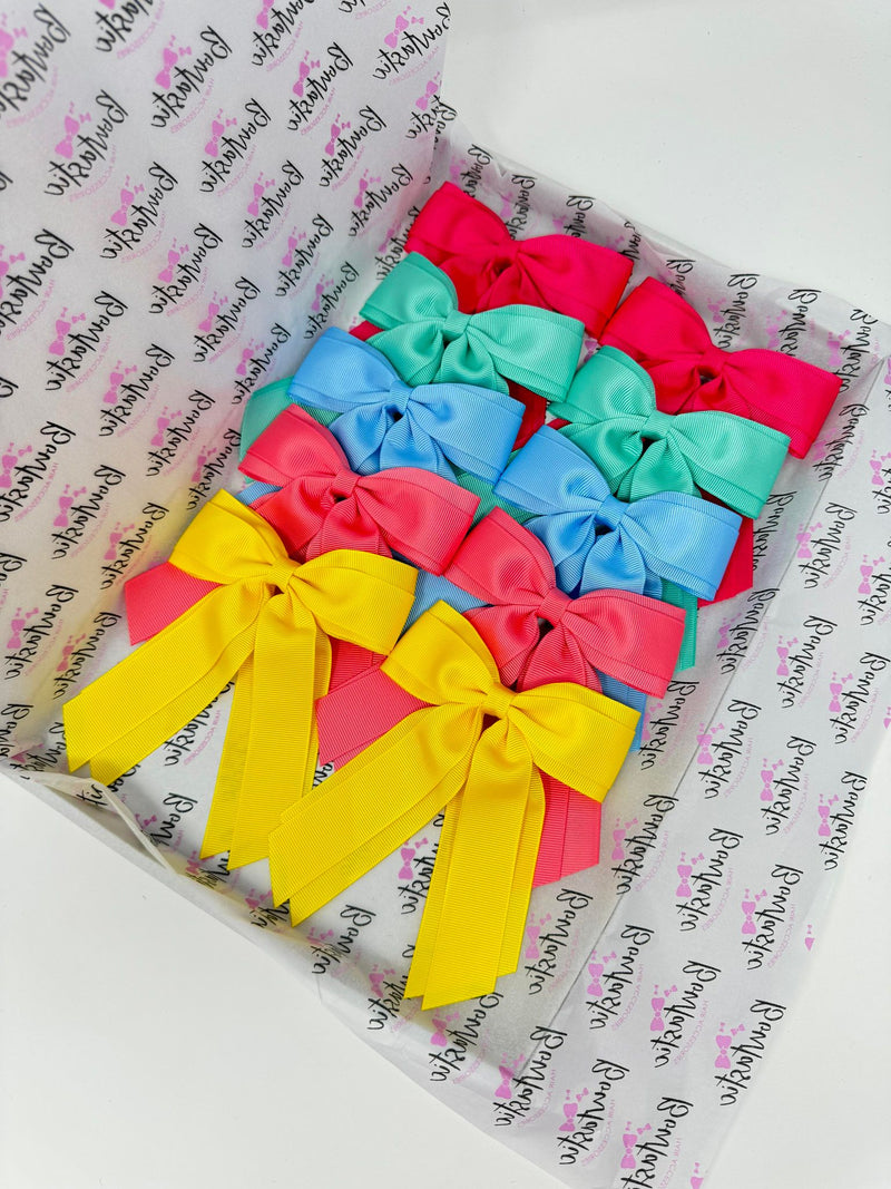 Bow Set - 4.5 Inch Tail Bows - 10 Pack Clips - Shocking Pink, Tropic, Daffodil, Coral Rose, Blue Mist