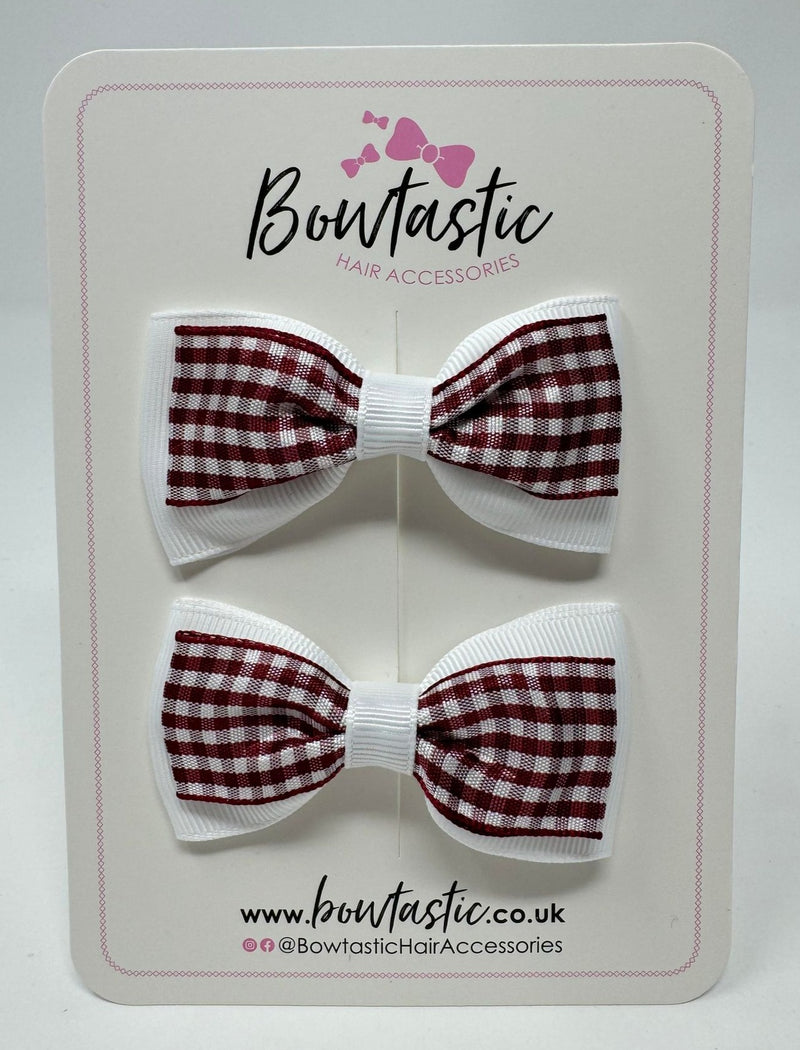 3 Inch Double Layer Tuxedo Bow - Burgundy & White Gingham - 2 Pack