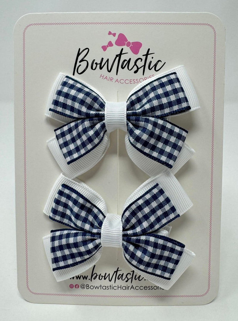 3 Inch Double Butterfly Bow - Navy & White Gingham - 2 Pack