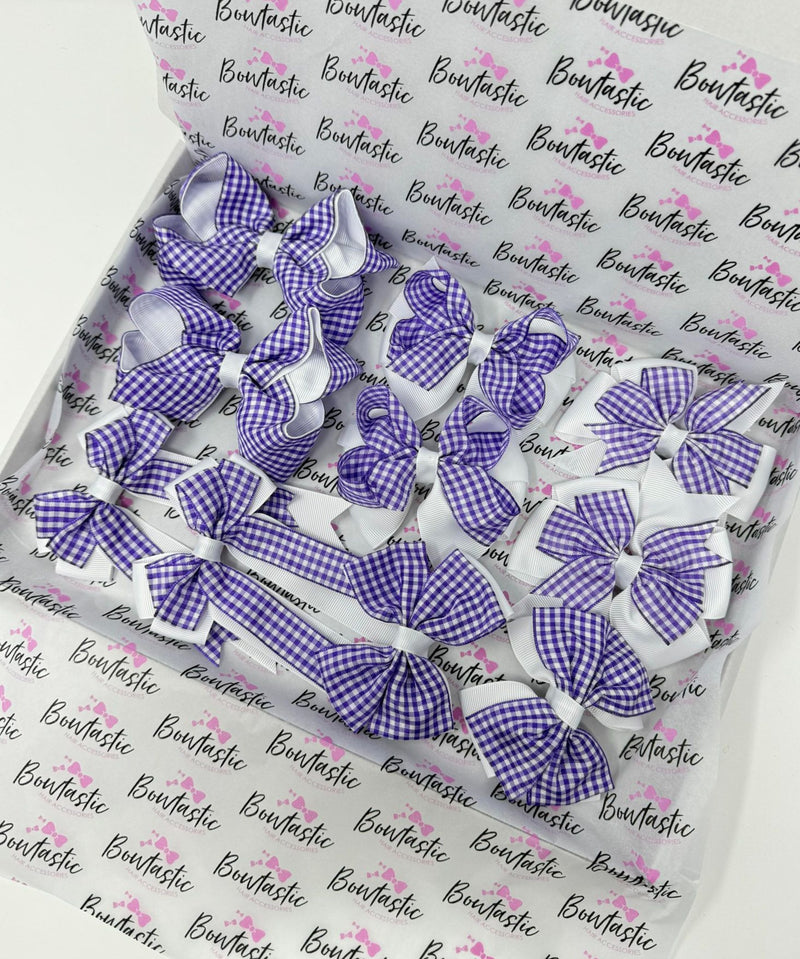 School Bundle - 5 Matching Pairs - Purple & White Gingham