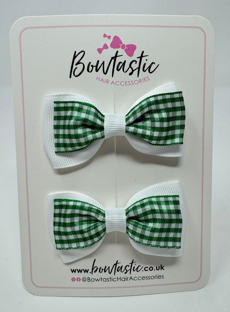 3 Inch Double Layer Tuxedo Bow - Green & White Gingham - 2 Pack