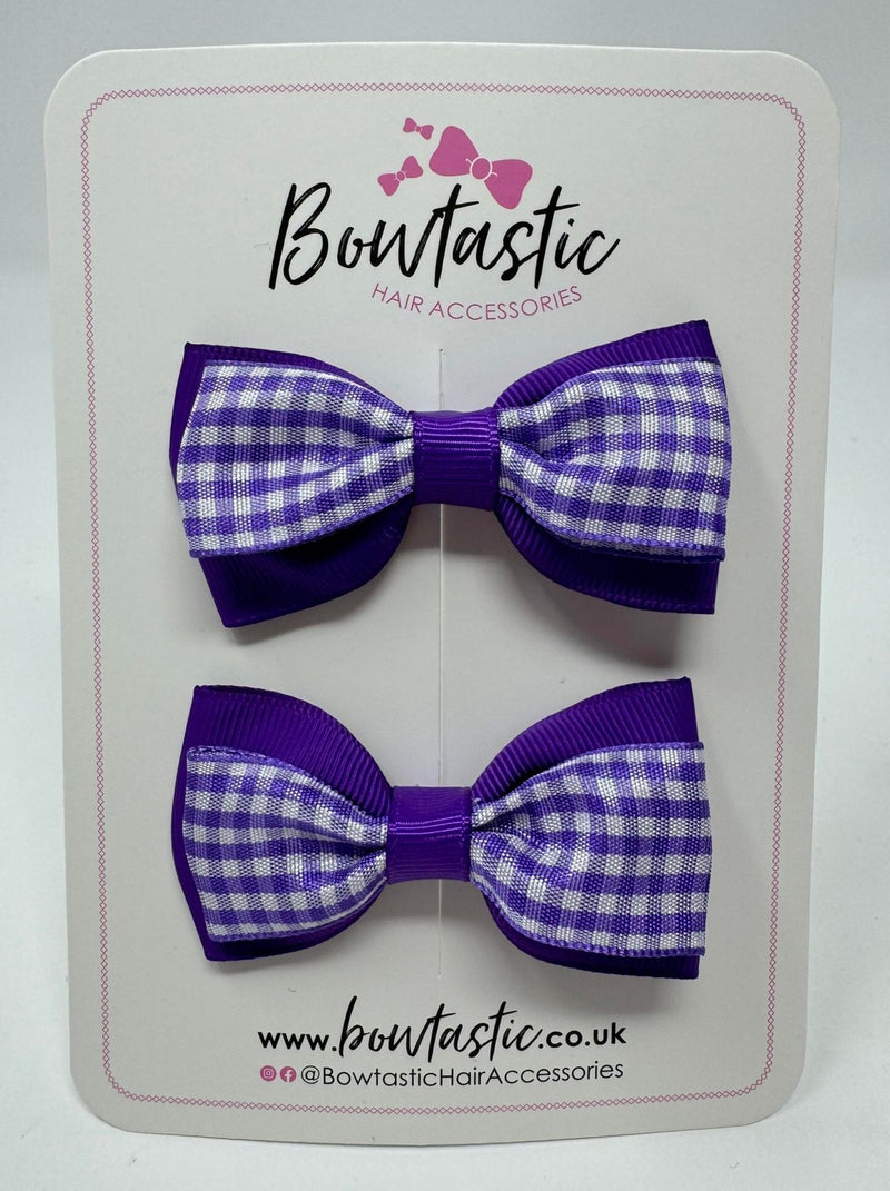 3 Inch Double Layer Tuxedo Bow - Purple & Purple Gingham - 2 Pack