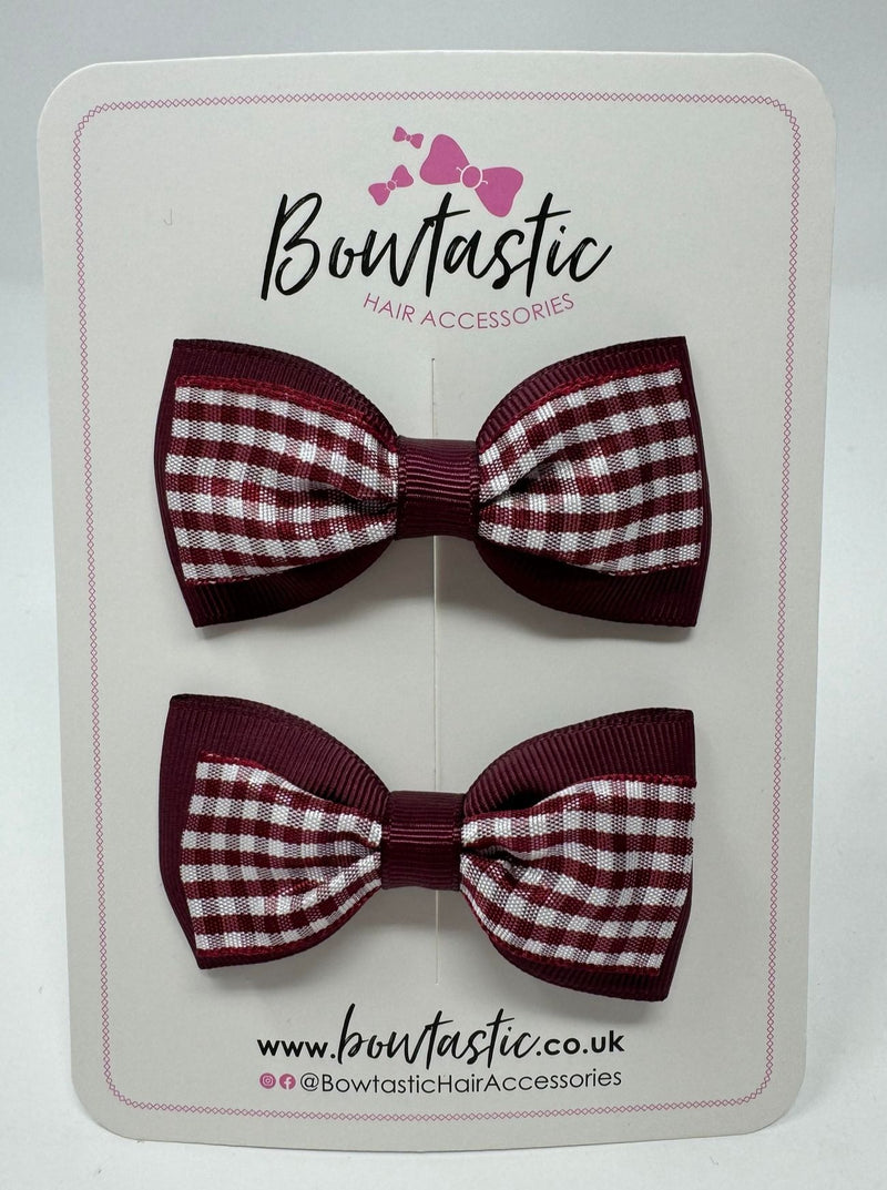 3 Inch Double Layer Tuxedo Bow - Burgundy & Burgundy Gingham - 2 Pack