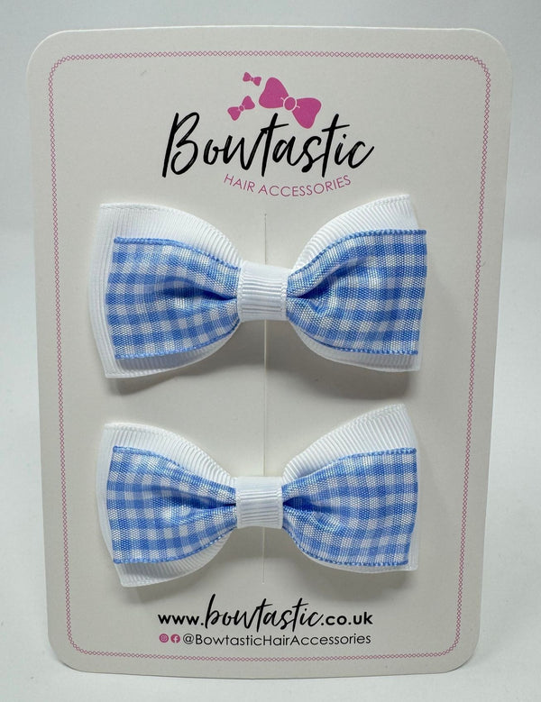 3 Inch Double Layer Tuxedo Bow - Blue & White Gingham - 2 Pack