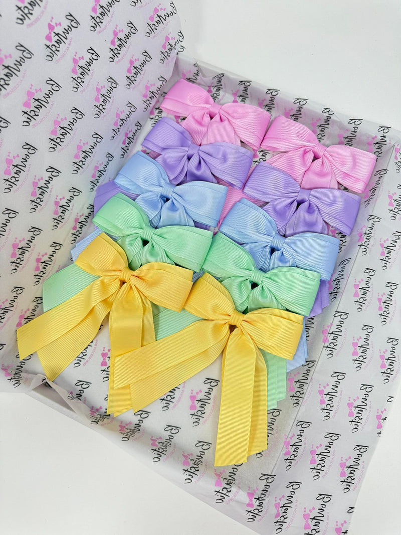 Bow Set - 4.5 Inch Tail Bows - 10 Pack Clips - Tulip, Lt Orchid, Pastel Green, Bluebell, Chamois