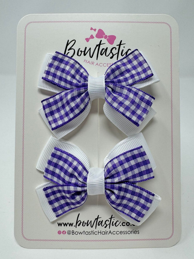 3 Inch Double Butterfly Bow - Purple & White Gingham - 2 Pack