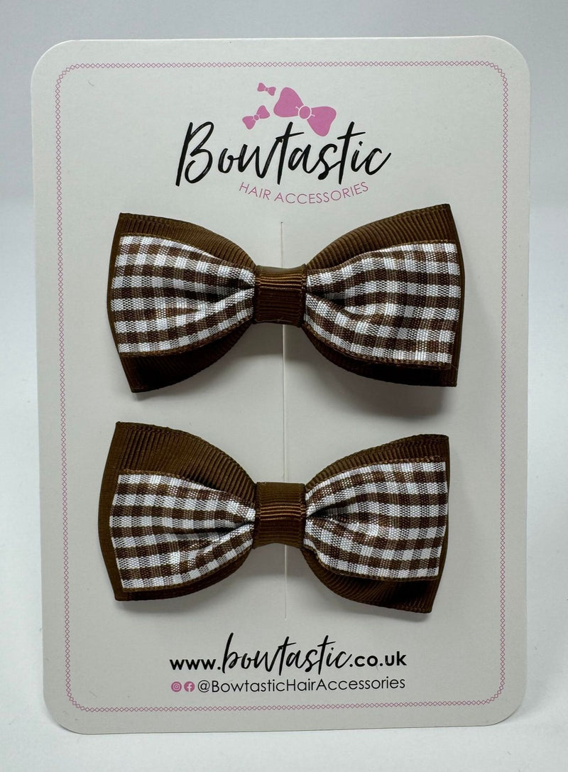 3 Inch Double Layer Tuxedo Bow - Brown & Brown Gingham - 2 Pack