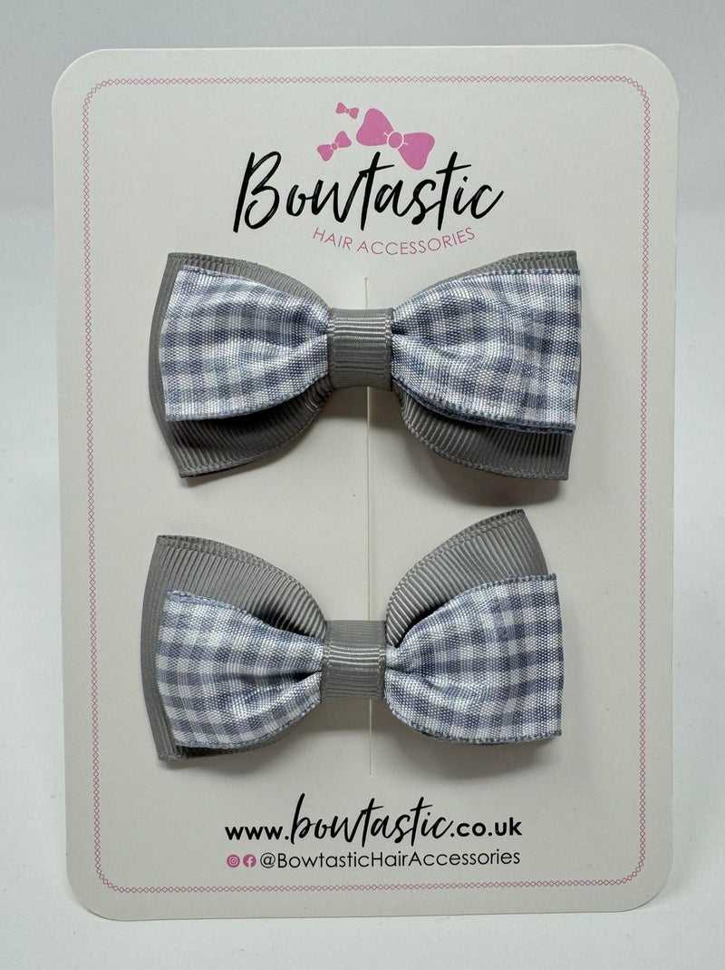 3 Inch Double Layer Tuxedo Bow - Grey & Grey Gingham - 2 Pack