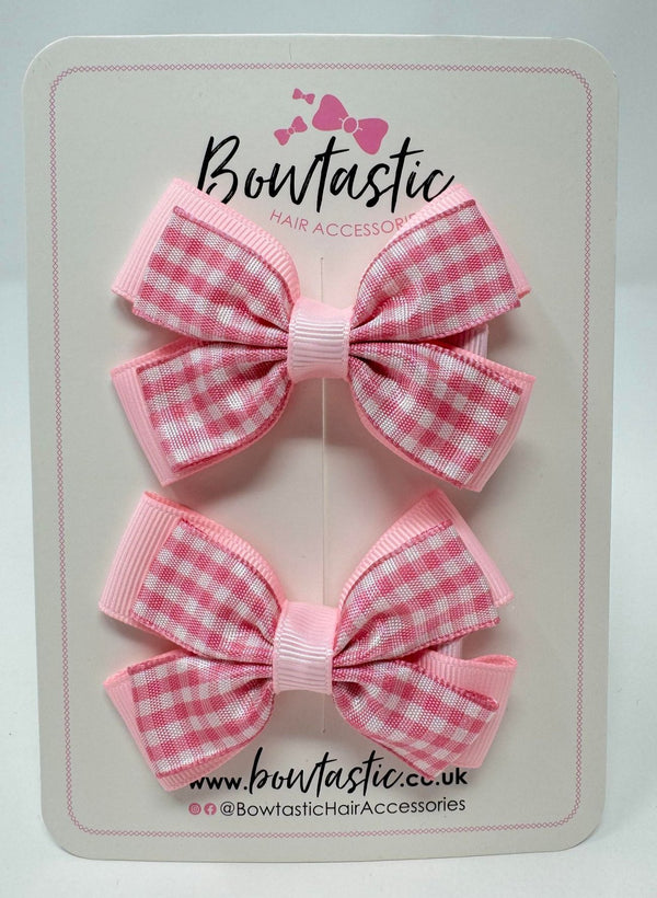 3 Inch Double Butterfly Bow - Pink & Pink Gingham - 2 Pack