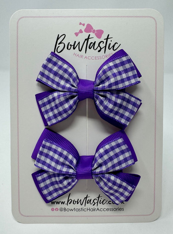 3 Inch Double Butterfly Bow - Purple & Purple Gingham - 2 Pack