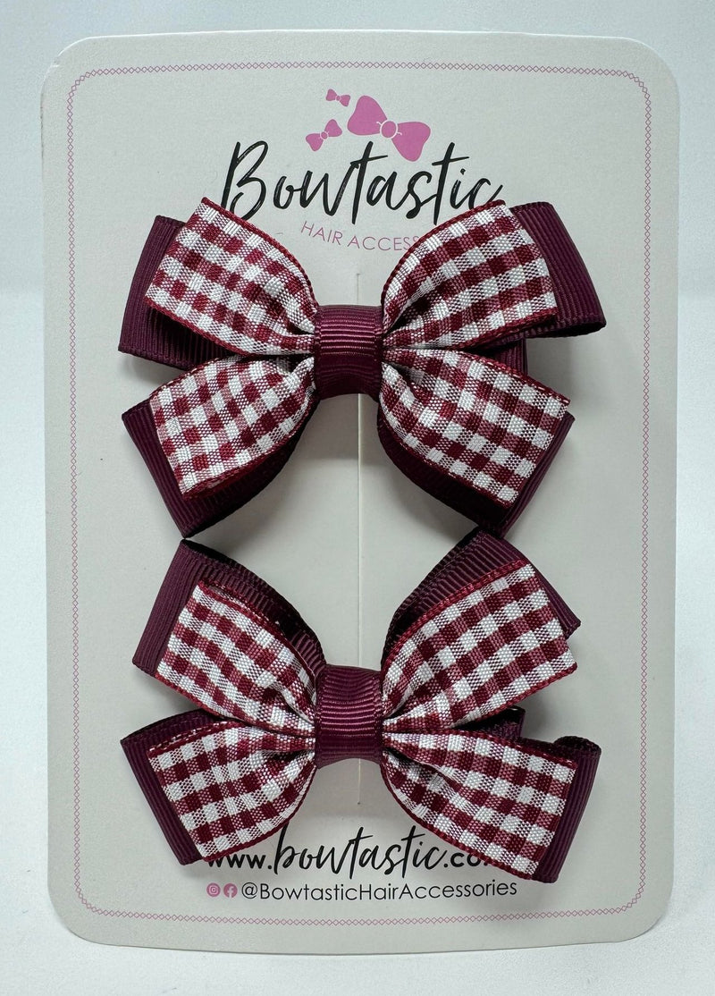 3 Inch Double Butterfly Bow - Burgundy & Burgundy Gingham - 2 Pack