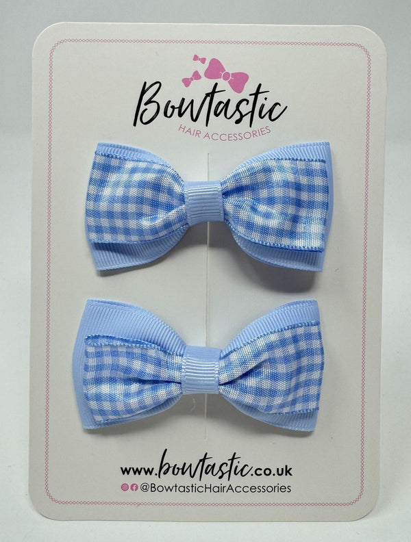 3 Inch Double Layer Tuxedo Bow - Bluebell & Blue Gingham - 2 Pack