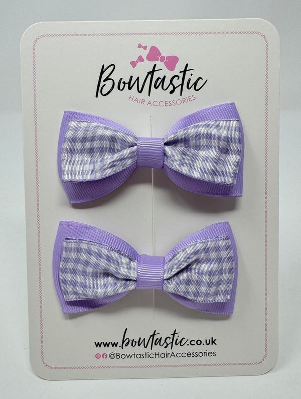 3 Inch Double Layer Tuxedo Bow - Lilac & Lilac Gingham - 2 Pack